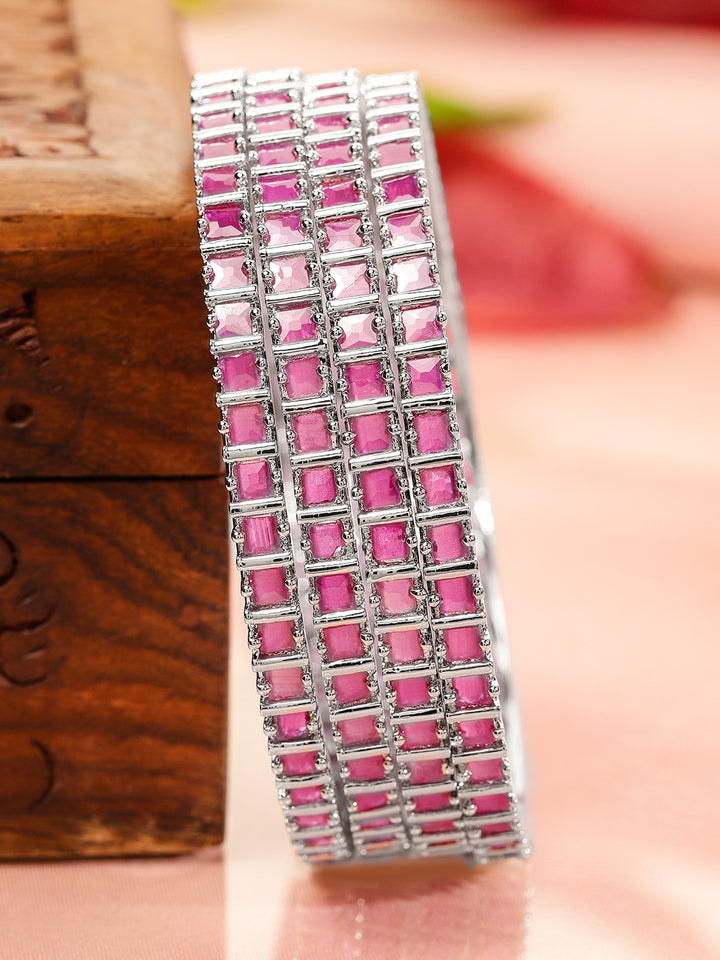 Rubans Set of 4 Rhodium-Plated Ruby Pink Cubic Zirconia Studded Handcrafted Premium Bangles for Women