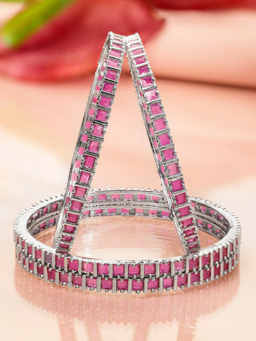Rubans Set of 4 Rhodium-Plated Ruby Pink Cubic Zirconia Studded Handcrafted Premium Bangles for Women