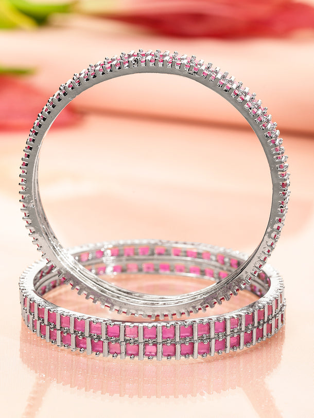 Rubans Set of 4 Rhodium-Plated Ruby Pink Cubic Zirconia Studded Handcrafted Premium Bangles for Women