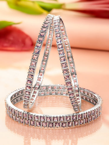 Rubans Set of 4 Rhodium-Plated Lavender Cubic Zirconia Studded Handcrafted Premium Bangles