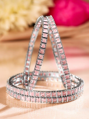 Rubans Set of 4 Rhodium-Plated Pink Cubic Zirconia Studded Handcrafted Premium Bangles