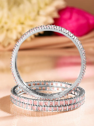 Rubans Set of 4 Rhodium-Plated Pink Cubic Zirconia Studded Handcrafted Premium Bangles