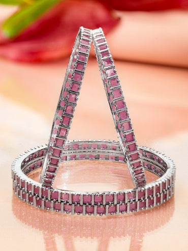Rubans Set of 4 Rhodium-Plated Pastel Pink Cubic Zirconia Studded Handcrafted Premium Bangles for Women