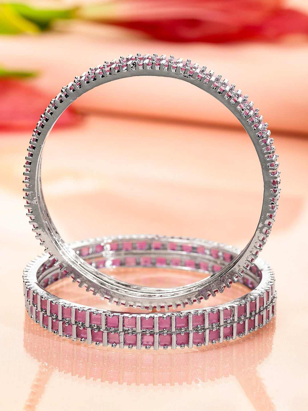 Rubans Set of 4 Rhodium-Plated Pastel Pink Cubic Zirconia Studded Handcrafted Premium Bangles for Women