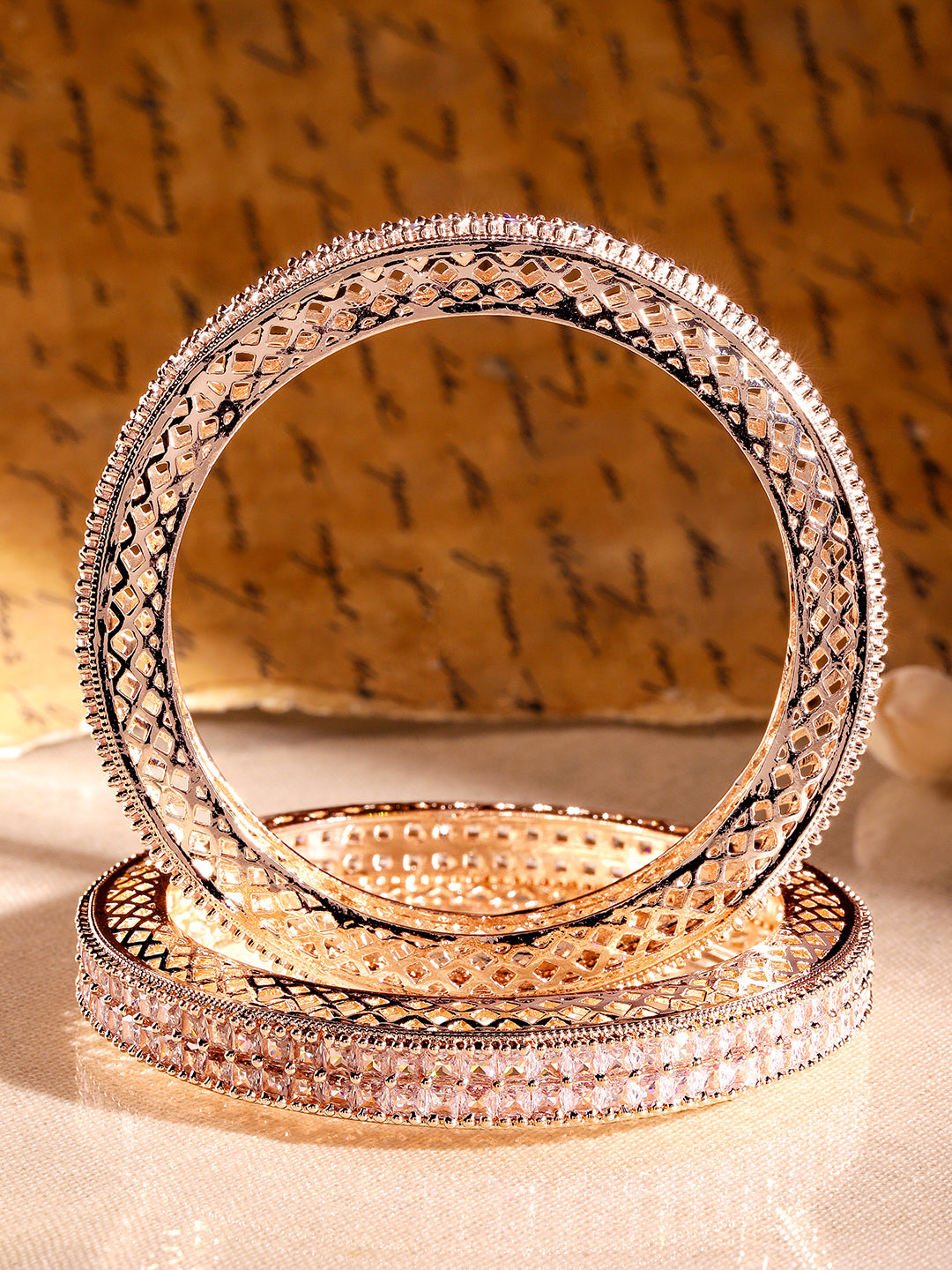 Rubans Set of 2 18K Rose Gold-Plated White Cubic Zirconia Studded Luxe Bangles for Women