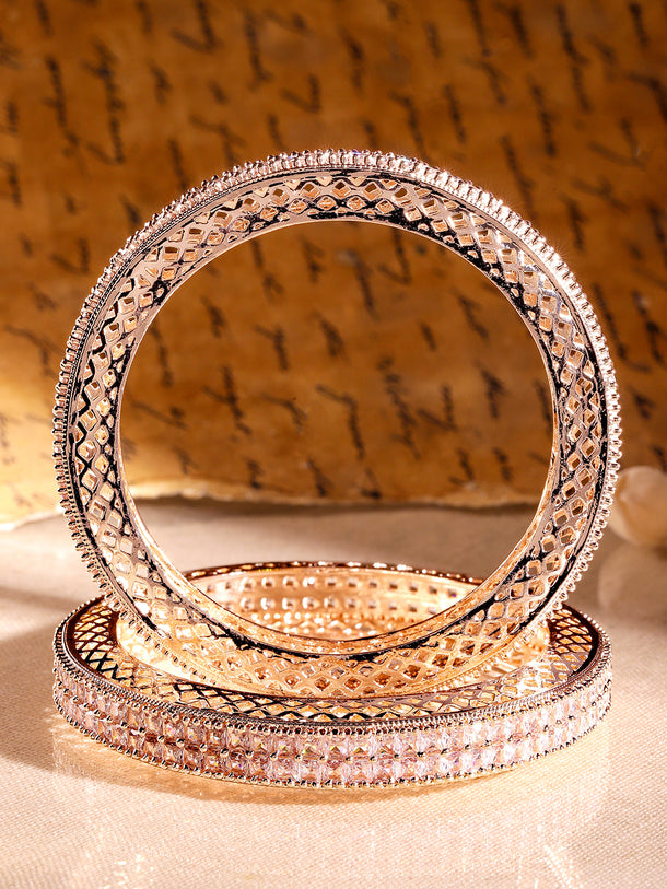 Rubans Set of 2 18K Rose Gold-Plated White Cubic Zirconia Studded Luxe Bangles for Women