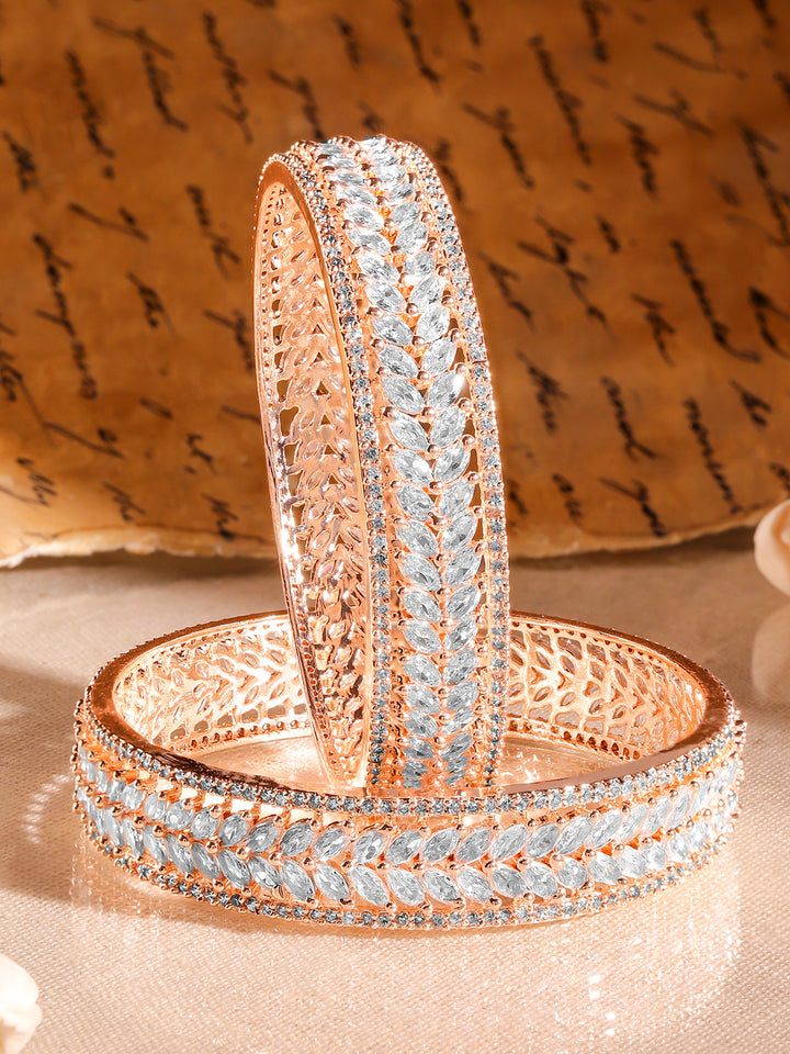 Rubans Set of 2 22K Rose Gold-Plated  White Cubic Zirconia Studded Leaf Motif Handcrafted Premium Bangles