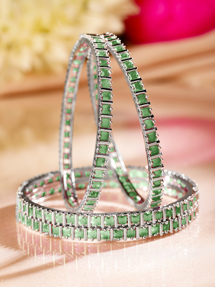 Rubans Set of 4 Rhodium Plated Emerald Green Square-Cut Cubic Zirconia Studded Bangles
