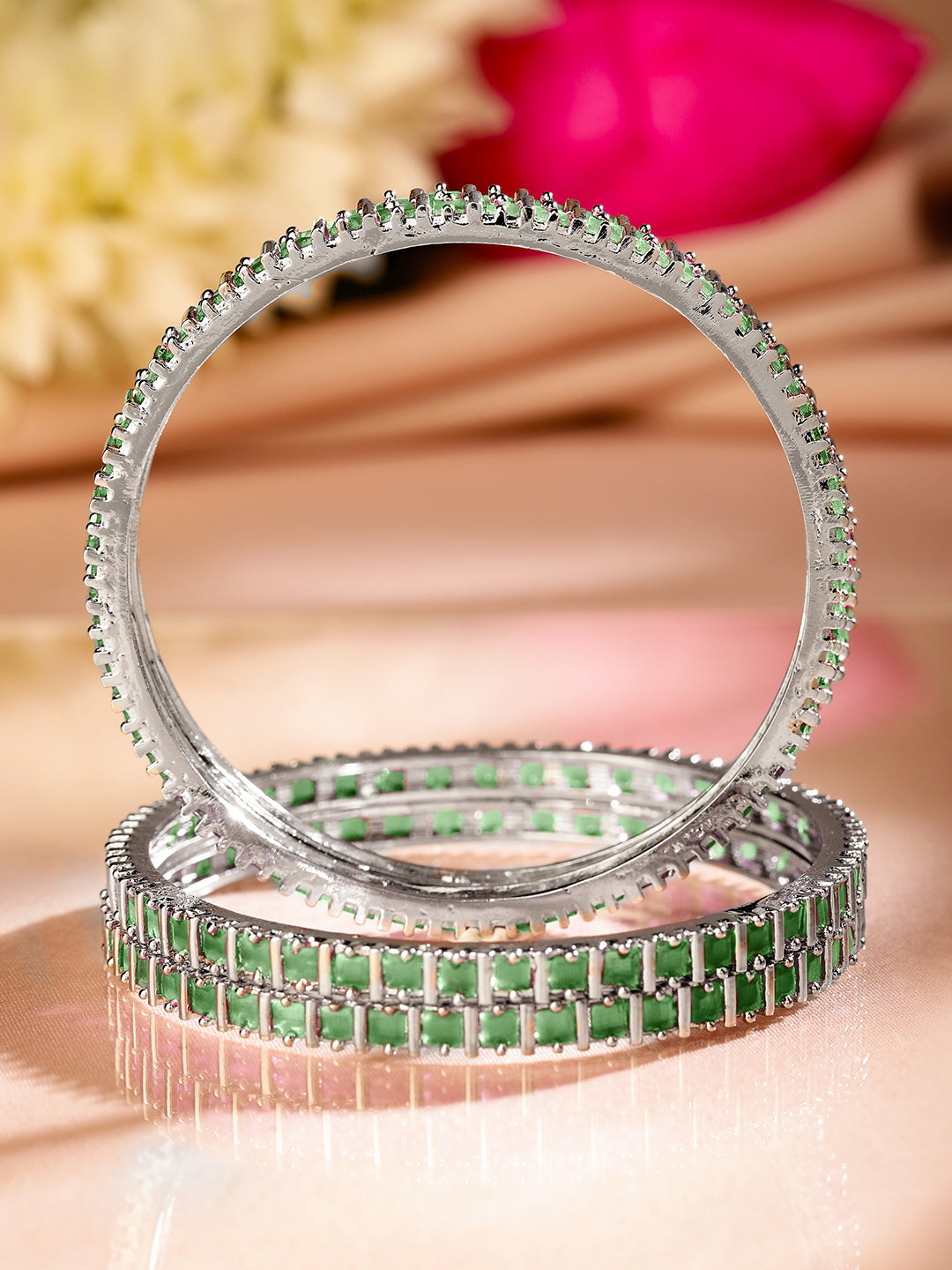 Rubans Set of 4 Rhodium Plated Emerald Green Square-Cut Cubic Zirconia Studded Bangles