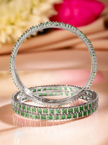 Rubans Set of 4 Rhodium Plated Emerald Green Square-Cut Cubic Zirconia Studded Bangles