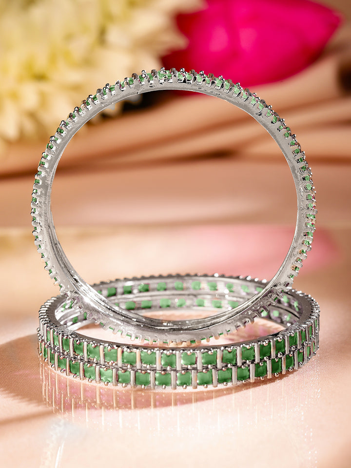 Rubans Set of 4 Rhodium Plated Emerald Green Square-Cut Cubic Zirconia Studded Bangles