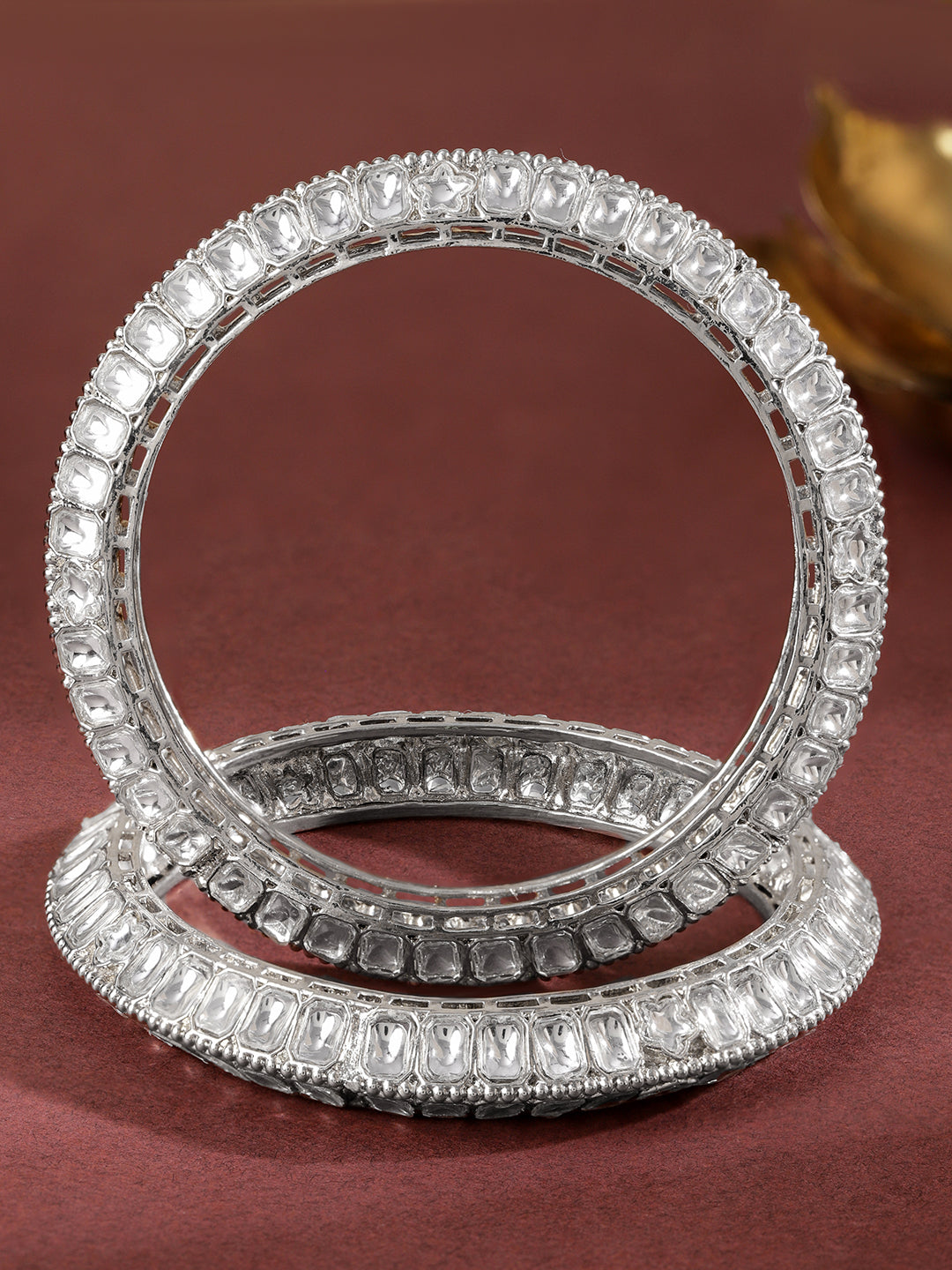 Rubans Set of 2 Silver-Plated White Kundan Studded Broad Traditional Bangles