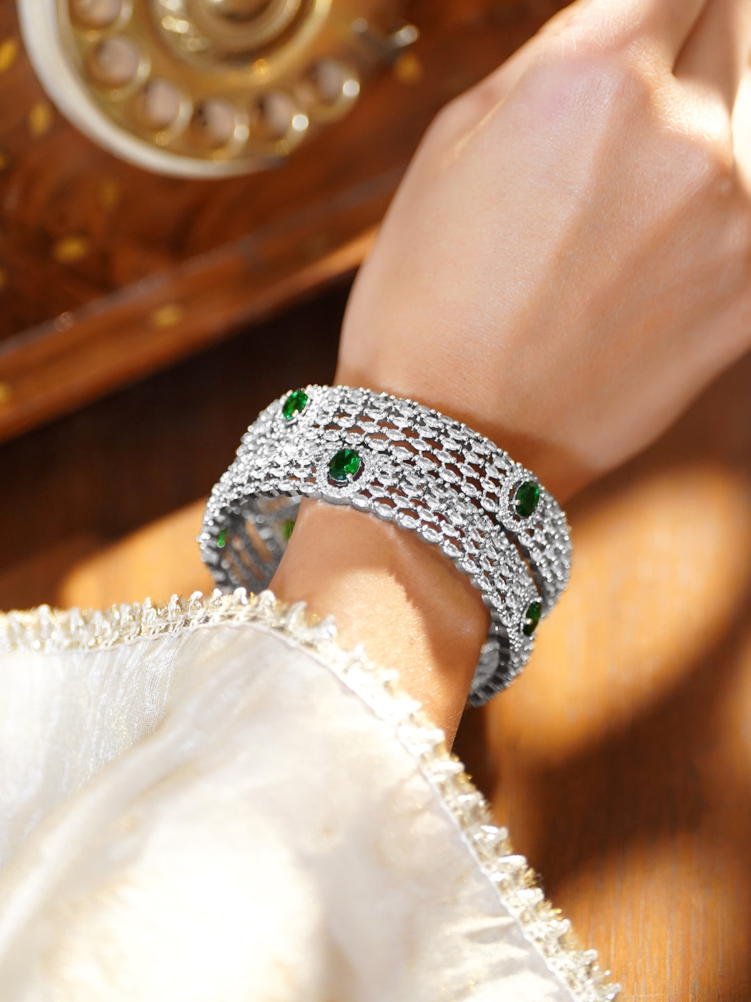 Rubans Set of 2 Rhodium-Plated Cubic Zirconia & Emerald Stone Studded Bangles