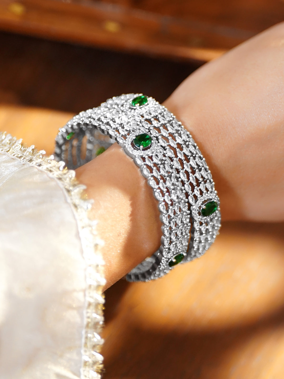 Rubans Set of 2 Rhodium-Plated Cubic Zirconia & Emerald Stone Studded Bangles