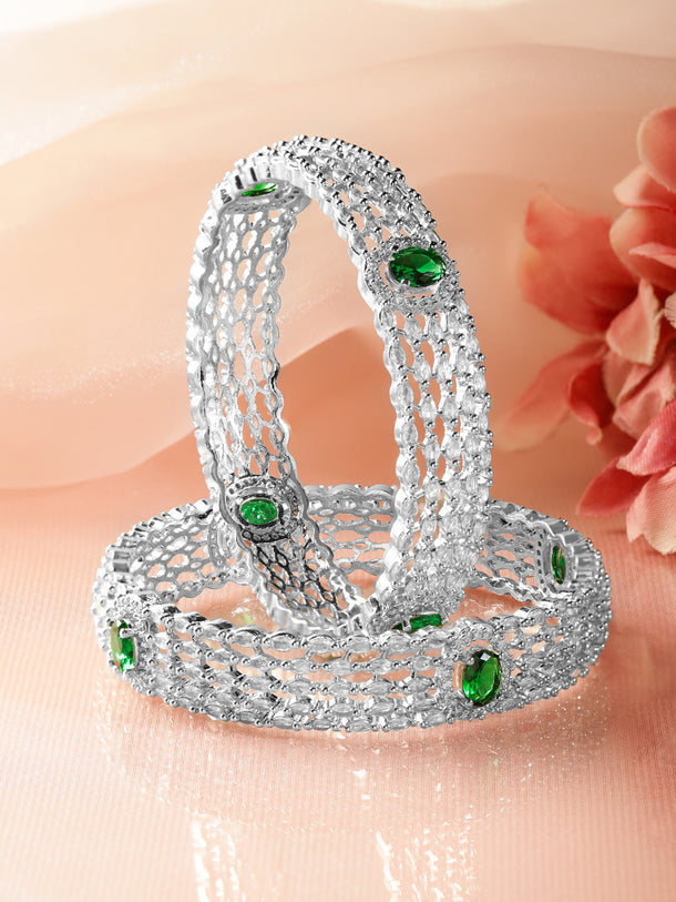 Rubans Set of 2 Rhodium-Plated Cubic Zirconia & Emerald Stone Studded Bangles