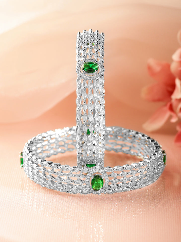 Rubans Set of 2 Rhodium-Plated Cubic Zirconia & Emerald Stone Studded Bangles