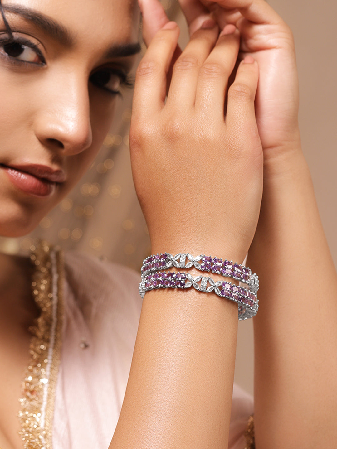 Rubans Set of 2 Rhodium-Plated Zircon-Studded Bangles