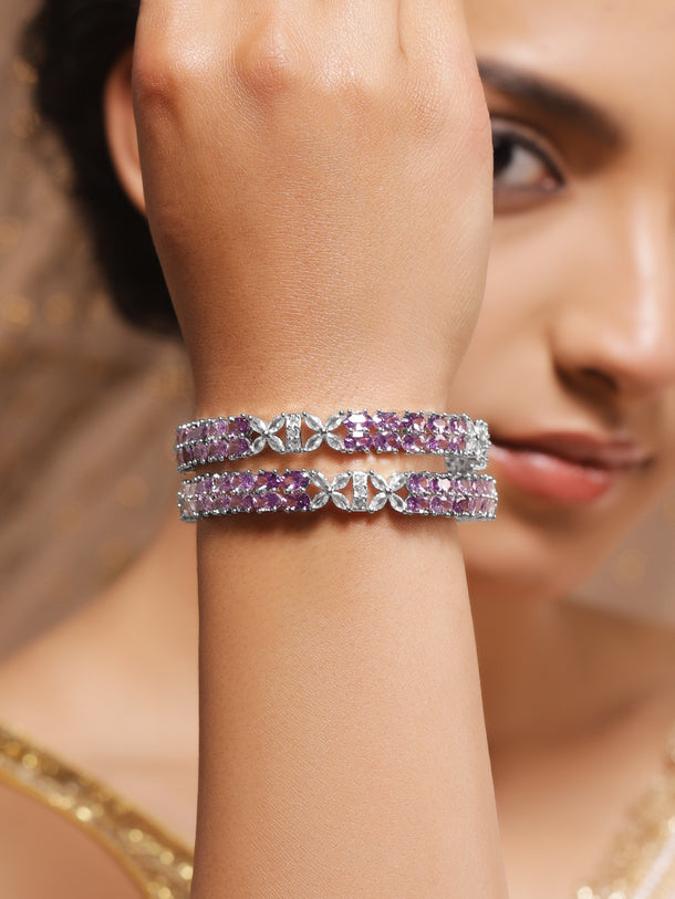 Rubans Set of 2 Rhodium-Plated Zircon-Studded Bangles
