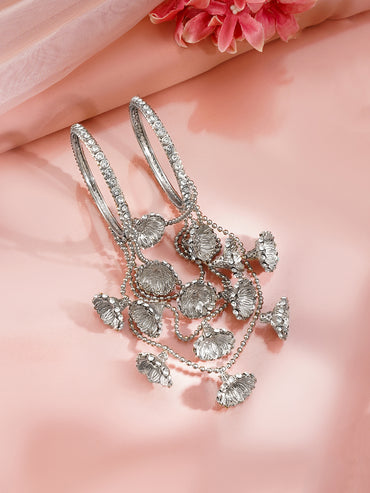 set of 2 Rhodium Plated American Diamond Zirconia Bangles with dangling bell charms