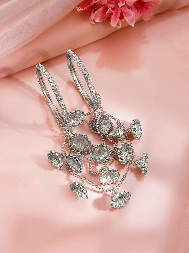 set of 2 Rhodium Plated American Diamond Zirconia Bangles with dangling bell charms