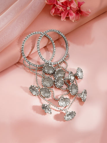 set of 2 Rhodium Plated American Diamond Zirconia Bangles with dangling bell charms