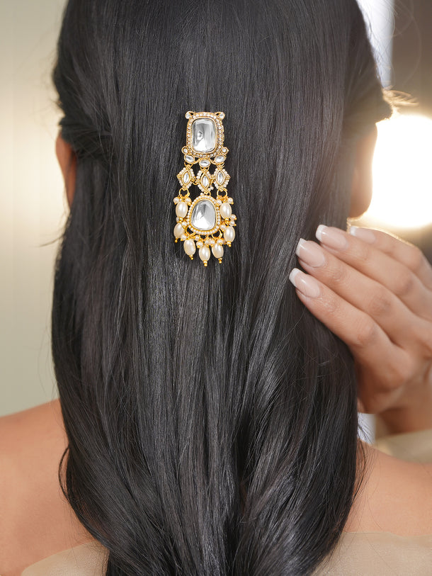 Rubans 18K Gold Plated Kundan Pearl Beaded Hair Clip Accessory