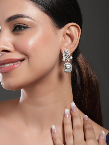 Rubans Rhodium-Plated White AD & Cubic Zirconia Studded Premium Drop Earrings