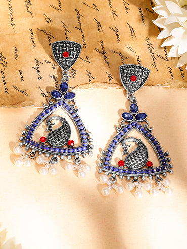 Oxidized triangular peacock motif drop Earrings