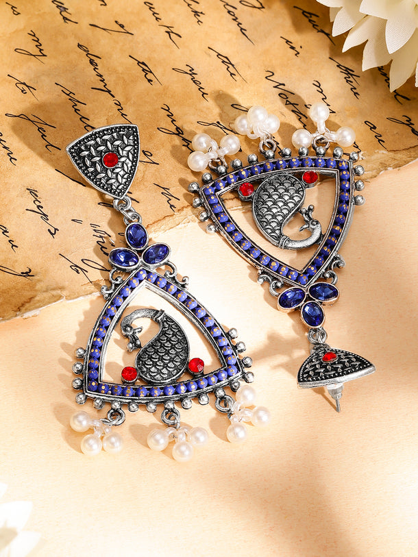 Oxidized triangular peacock motif drop Earrings