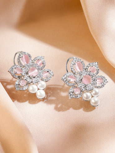 Dreamy Pink American Diamond Zirconia & Pearls Studs