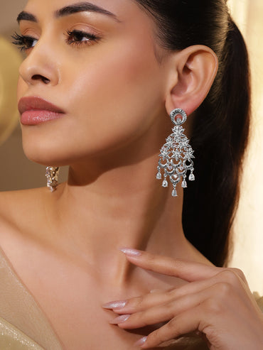 Cascading Floral Rhodium Zirconia Chandelier Earrings