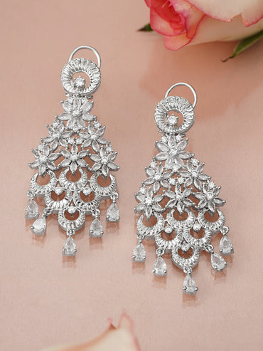 Cascading Floral Rhodium Zirconia Chandelier Earrings