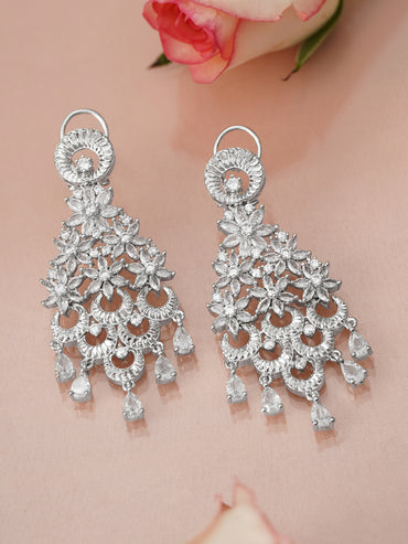 Cascading Floral Rhodium Zirconia Chandelier Earrings
