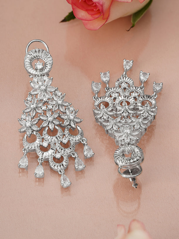 Cascading Floral Rhodium Zirconia Chandelier Earrings