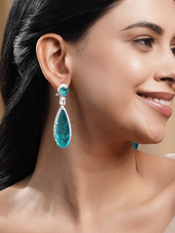 Rhodium Plated American Diamond Zirconia Blue Tear Drop Earrings