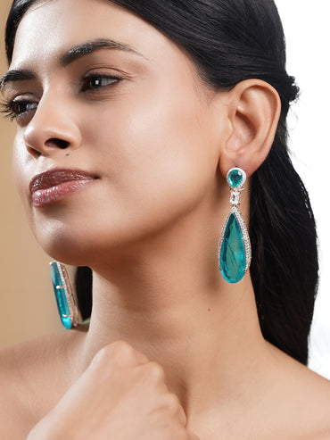 Rhodium Plated American Diamond Zirconia Blue Tear Drop Earrings