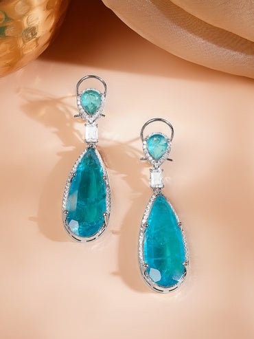 Rhodium Plated American Diamond Zirconia Blue Tear Drop Earrings