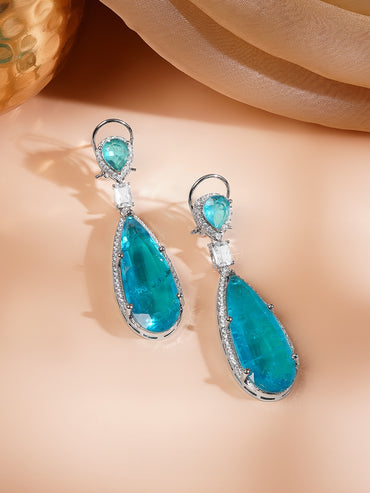 Rhodium Plated American Diamond Zirconia Blue Tear Drop Earrings