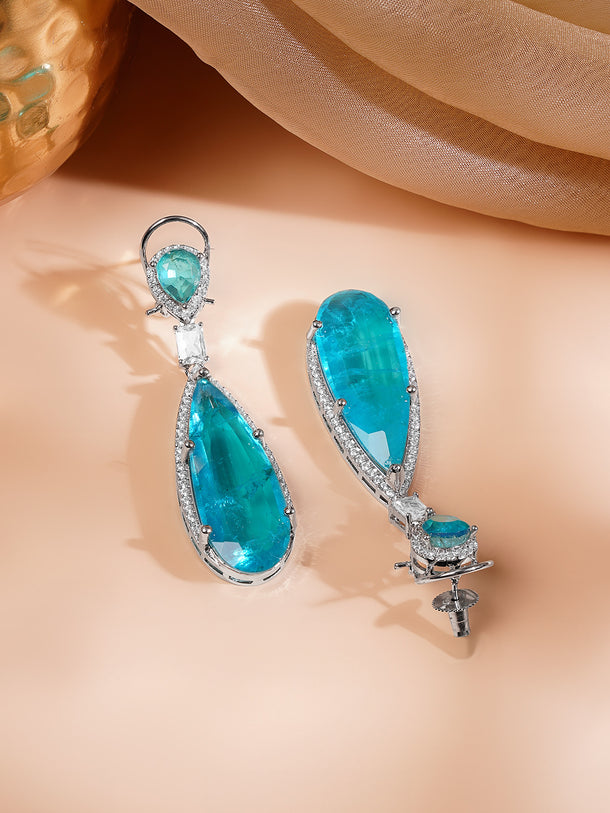 Rhodium Plated American Diamond Zirconia Blue Tear Drop Earrings