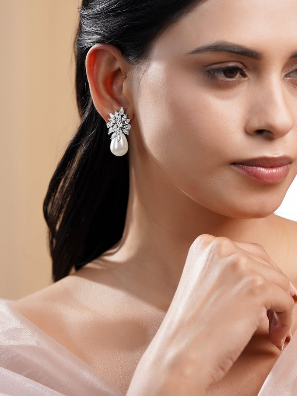 Frosted Floral Cluster Pearl Drop Earrings