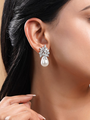 Frosted Floral Cluster Pearl Drop Earrings