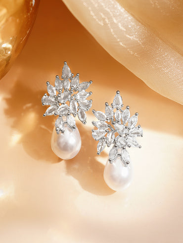 Frosted Floral Cluster Pearl Drop Earrings