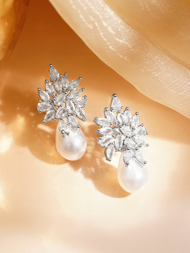 Frosted Floral Cluster Pearl Drop Earrings