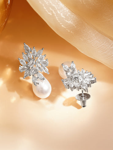 Frosted Floral Cluster Pearl Drop Earrings