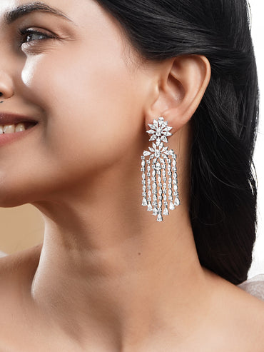 Rhodium Plated Floral Tear Drop Dangler Earrings