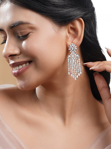 Rhodium Plated Floral Tear Drop Dangler Earrings