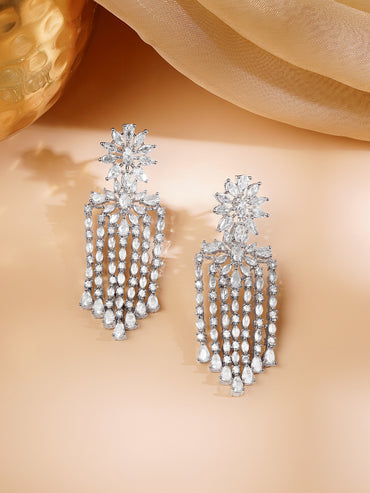 Rhodium Plated Floral Tear Drop Dangler Earrings