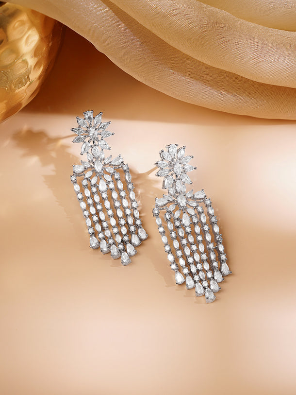 Rhodium Plated Floral Tear Drop Dangler Earrings