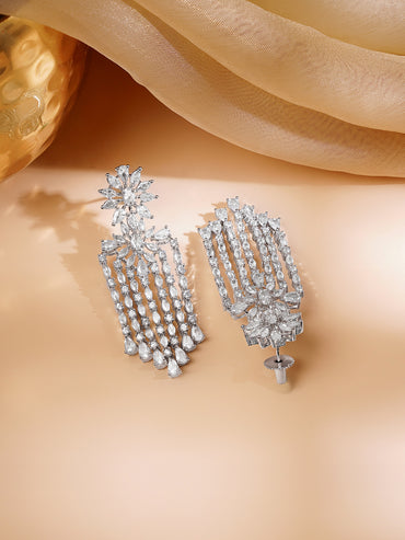 Rhodium Plated Floral Tear Drop Dangler Earrings