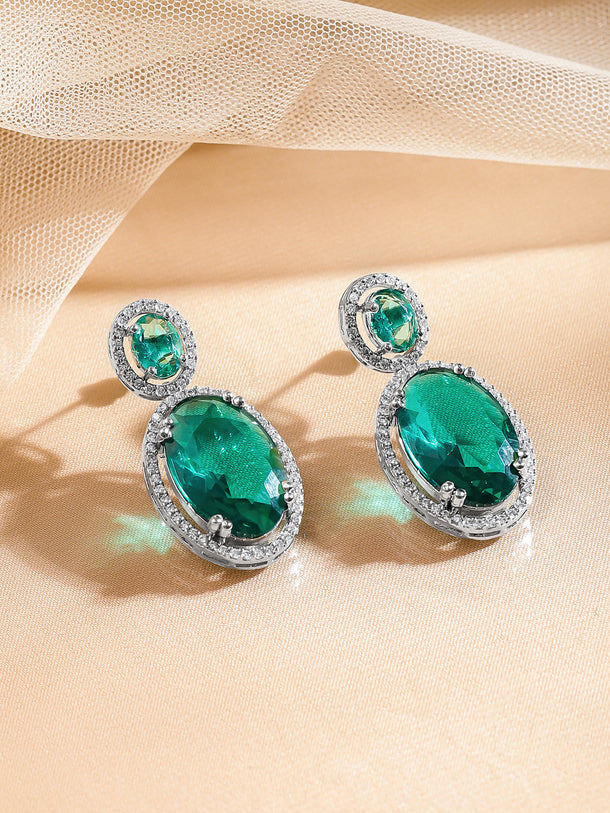Emerald Glow Silver Drop Earrings